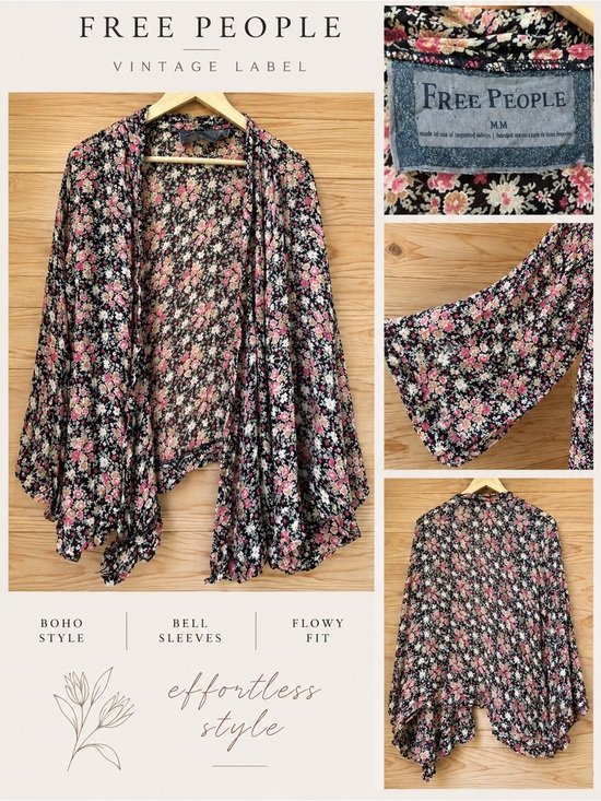Free People Tops - Free People Vintage Label Floral Bell Sleeve Boho Kimono Cardigan Medium